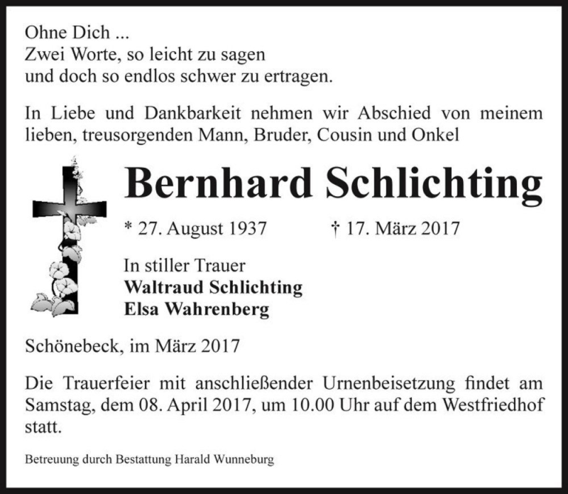  Traueranzeige für Bernhard Schlichting  vom 01.04.2017 aus Magdeburger Volksstimme