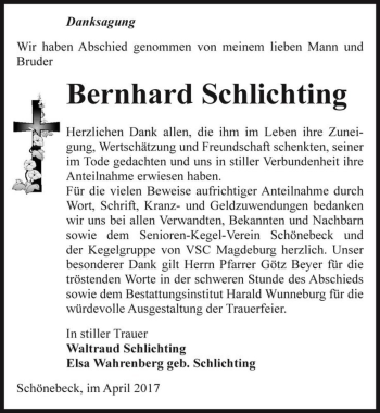 Traueranzeige von Bernhard Schlichting  von Magdeburger Volksstimme