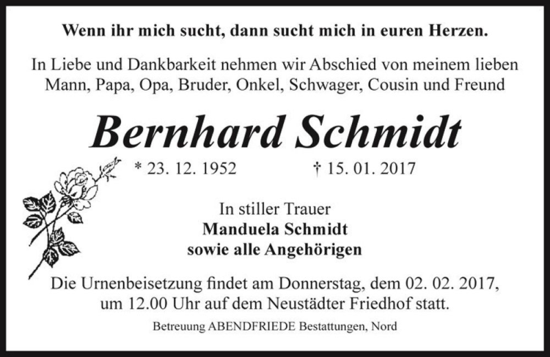  Traueranzeige für Bernhard Schmidt  vom 21.01.2017 aus Magdeburger Volksstimme