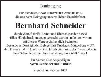 Traueranzeige von Bernhard Schneider  von Magdeburger Volksstimme