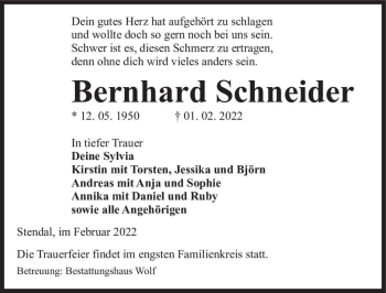 Traueranzeige von Bernhard Schneider  von Magdeburger Volksstimme
