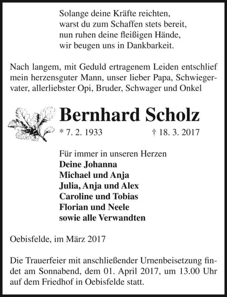  Traueranzeige für Bernhard Scholz  vom 21.03.2017 aus Magdeburger Volksstimme