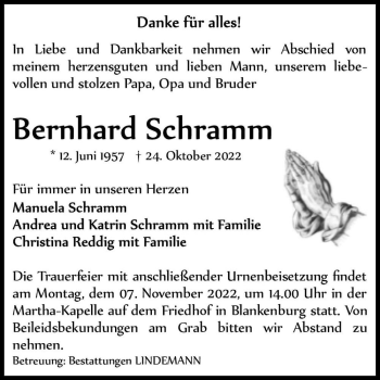 Traueranzeige von Bernhard Schramm  von Magdeburger Volksstimme