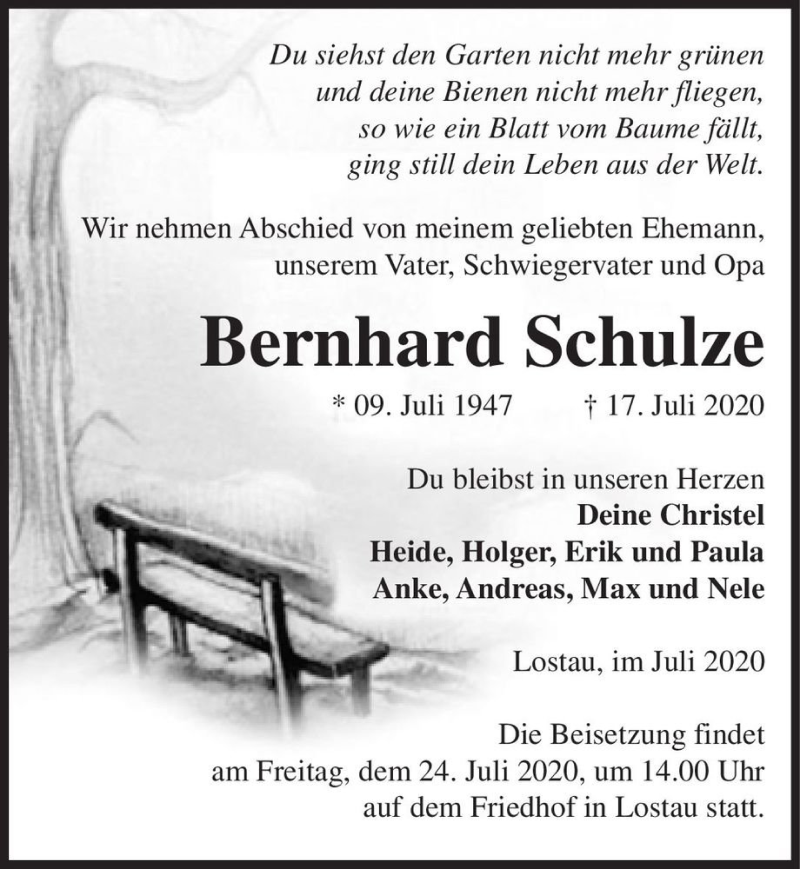  Traueranzeige für Bernhard Schulze  vom 22.07.2020 aus Magdeburger Volksstimme
