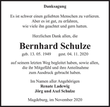 Traueranzeige von Bernhard Schulze  von Magdeburger Volksstimme