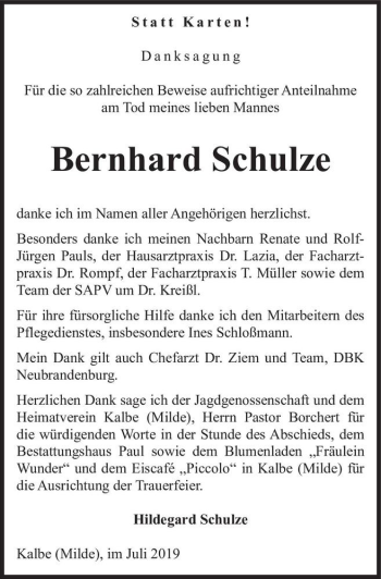 Traueranzeige von Bernhard Schulze  von Magdeburger Volksstimme