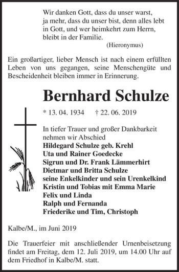 Traueranzeige von Bernhard Schulze  von Magdeburger Volksstimme