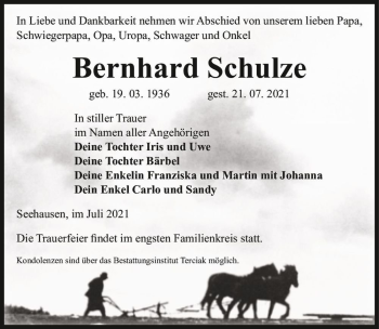 Traueranzeige von Bernhard Schulze  von Magdeburger Volksstimme