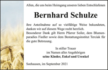 Traueranzeige von Bernhard Schulze  von Magdeburger Volksstimme