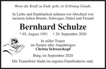 Traueranzeige von Bernhard Schulze  von Magdeburger Volksstimme