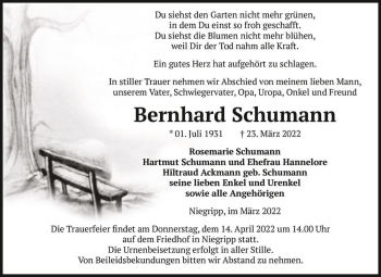 Traueranzeige von Bernhard Schumann  von Magdeburger Volksstimme