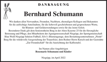 Traueranzeige von Bernhard Schumann  von Magdeburger Volksstimme