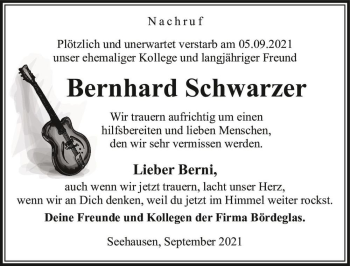 Traueranzeige von Bernhard Schwarzer  von Magdeburger Volksstimme