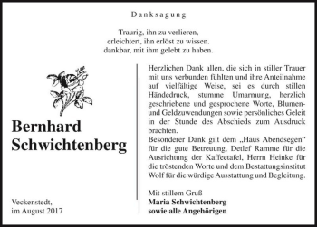 Traueranzeige von Bernhard Schwichtenberg  von Magdeburger Volksstimme