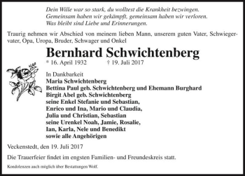 Traueranzeige von Bernhard Schwichtenberg  von Magdeburger Volksstimme