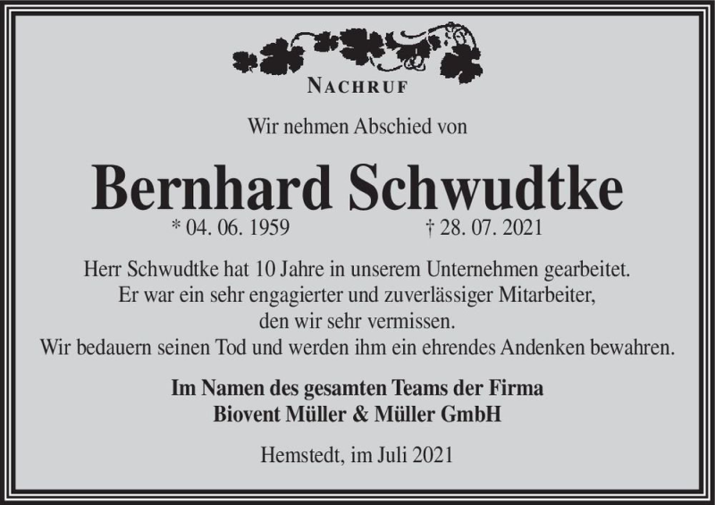 Traueranzeige für Bernhard Schwudtke  vom 01.10.2021 aus Magdeburger Volksstimme