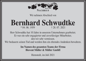 Traueranzeige von Bernhard Schwudtke  von Magdeburger Volksstimme