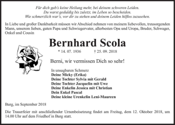 Traueranzeige von Bernhard Scola  von Magdeburger Volksstimme