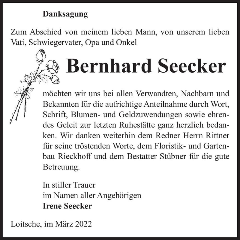  Traueranzeige für Bernhard Seecker  vom 12.03.2022 aus Magdeburger Volksstimme