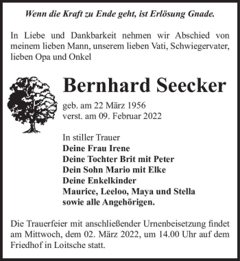 Traueranzeige von Bernhard Seecker  von Magdeburger Volksstimme