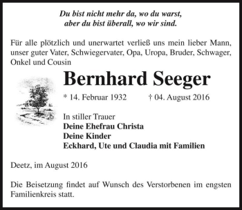 Traueranzeige von Bernhard Seeger  von Magdeburger Volksstimme