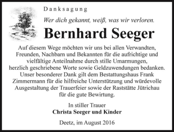 Traueranzeige von Bernhard Seeger  von Magdeburger Volksstimme
