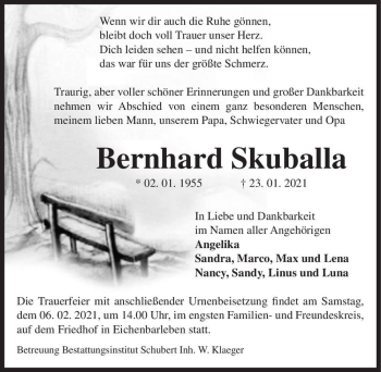 Traueranzeige von Bernhard Skuballa  von Magdeburger Volksstimme