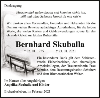 Traueranzeige von Bernhard Skuballa  von Magdeburger Volksstimme