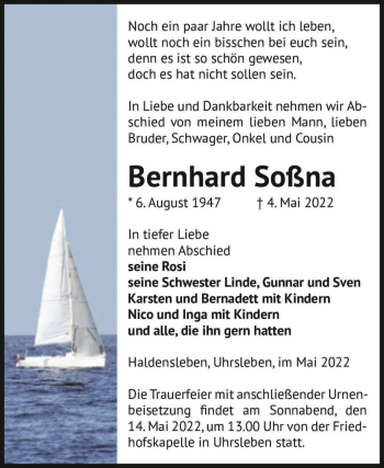Traueranzeige von Bernhard Soßna  von Magdeburger Volksstimme