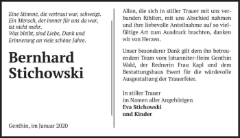 Traueranzeige von Bernhard Stichowski  von Magdeburger Volksstimme