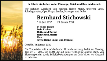 Traueranzeige von Bernhard Stichowski  von Magdeburger Volksstimme