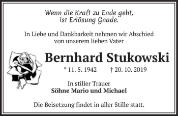 Traueranzeige von Bernhard Stukowski  von Magdeburger Volksstimme