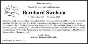 Traueranzeige von Bernhard Swolana  von Magdeburger Volksstimme