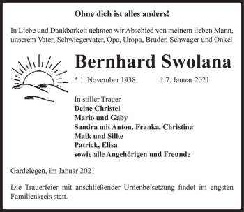 Traueranzeige von Bernhard Swolana  von Magdeburger Volksstimme