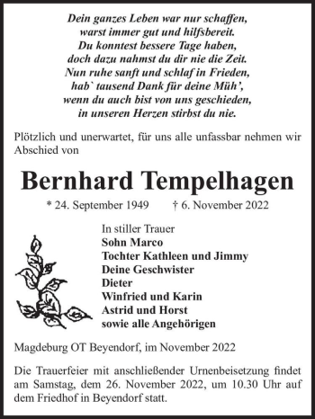 Traueranzeige von Bernhard Tempelhagen  von Magdeburger Volksstimme