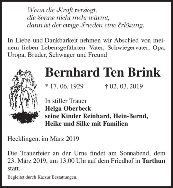 Traueranzeige von Bernhard Ten Brink  von Magdeburger Volksstimme