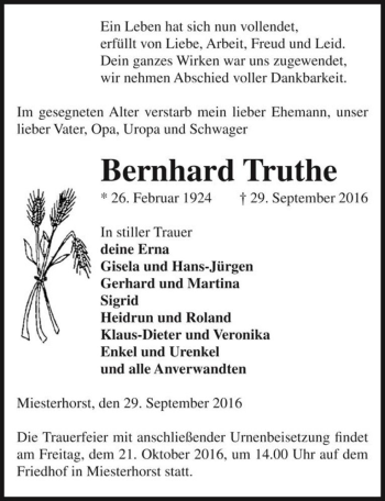 Traueranzeige von Bernhard Truthe  von Magdeburger Volksstimme
