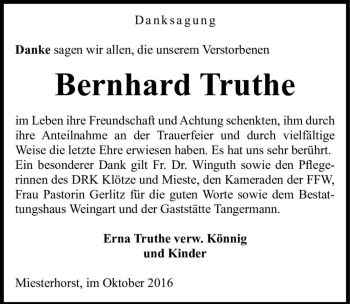 Traueranzeige von Bernhard Truthe  von Magdeburger Volksstimme