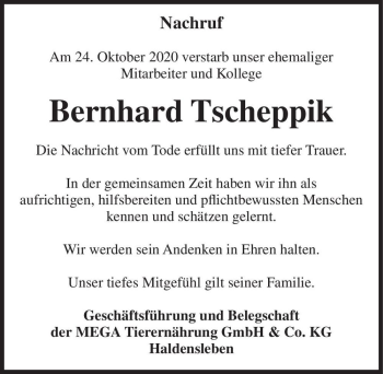 Traueranzeige von Bernhard Tscheppik  von Magdeburger Volksstimme