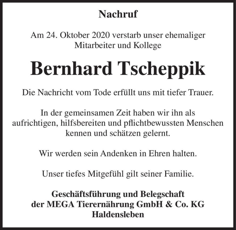  Traueranzeige für Bernhard Tscheppik  vom 04.11.2020 aus Magdeburger Volksstimme