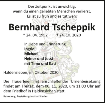 Traueranzeige von Bernhard Tscheppik  von Magdeburger Volksstimme