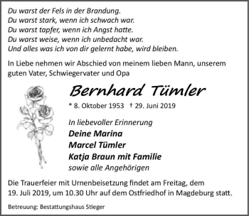 Traueranzeige von Bernhard Tümler  von Magdeburger Volksstimme
