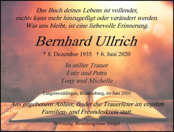 Traueranzeige von Bernhard Ullrich  von Magdeburger Volksstimme