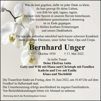 Traueranzeige von Bernhard Unger  von Magdeburger Volksstimme