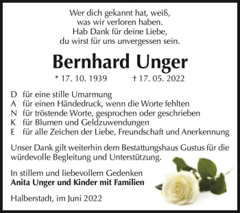Traueranzeige von Bernhard Unger  von Magdeburger Volksstimme