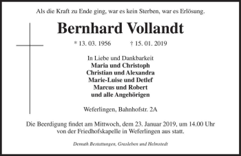 Traueranzeige von Bernhard Vollandt  von Magdeburger Volksstimme