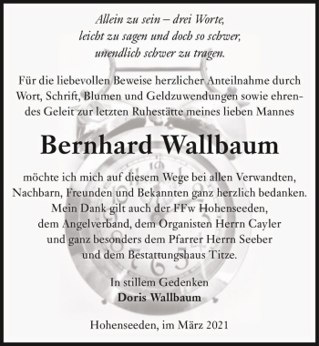 Traueranzeige von Bernhard Wallbaum  von Magdeburger Volksstimme