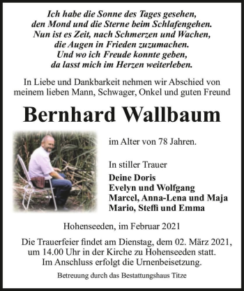 Traueranzeige von Bernhard Wallbaum  von Magdeburger Volksstimme