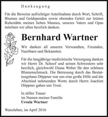 Traueranzeige von Bernhard Wartner  von Magdeburger Volksstimme
