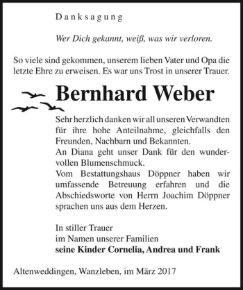 Traueranzeige von Bernhard Weber  von Magdeburger Volksstimme